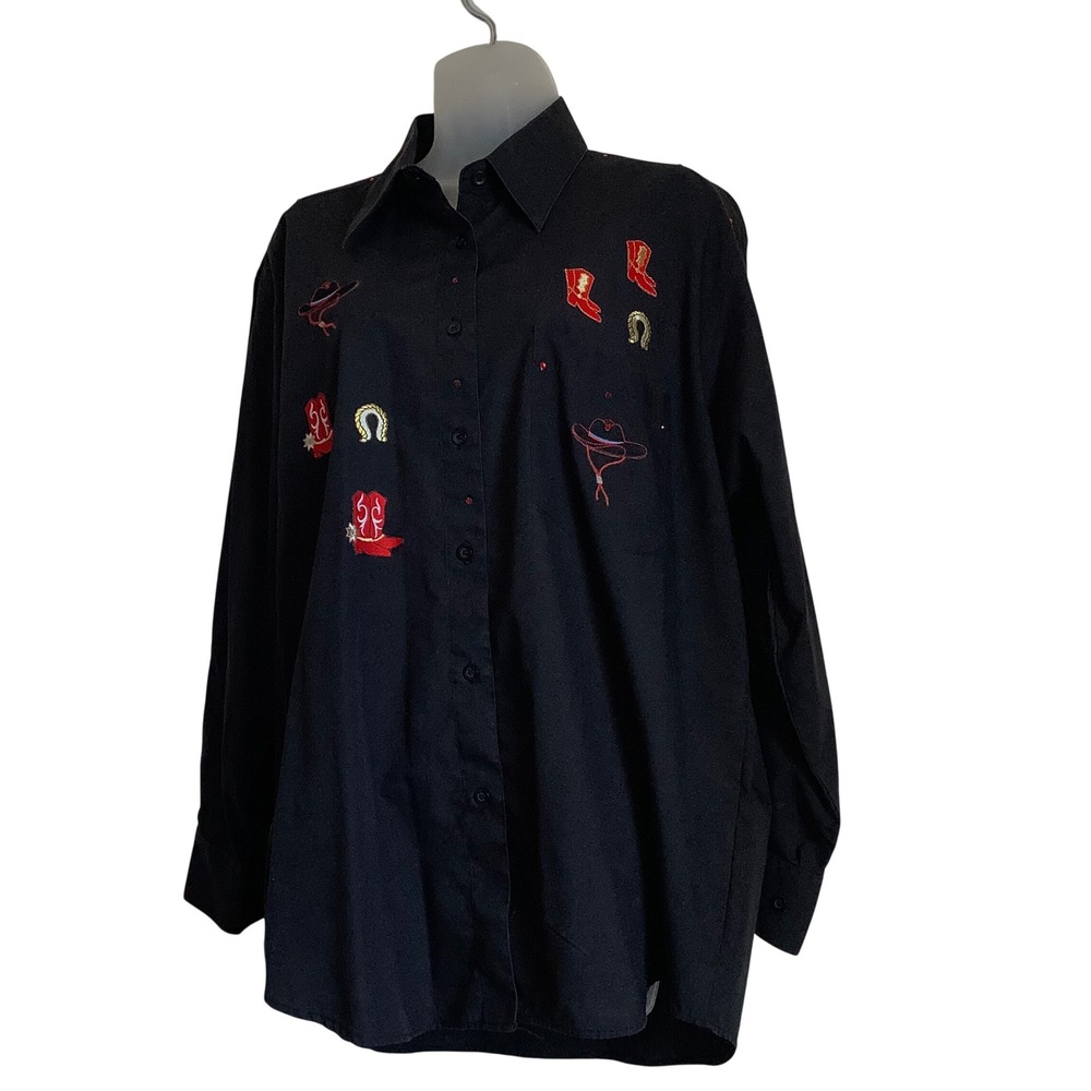 Afiva Womens Black Western Embroidered Button Down Shirt Cowboy Boots Hat‎ L - Picture 4 of 12